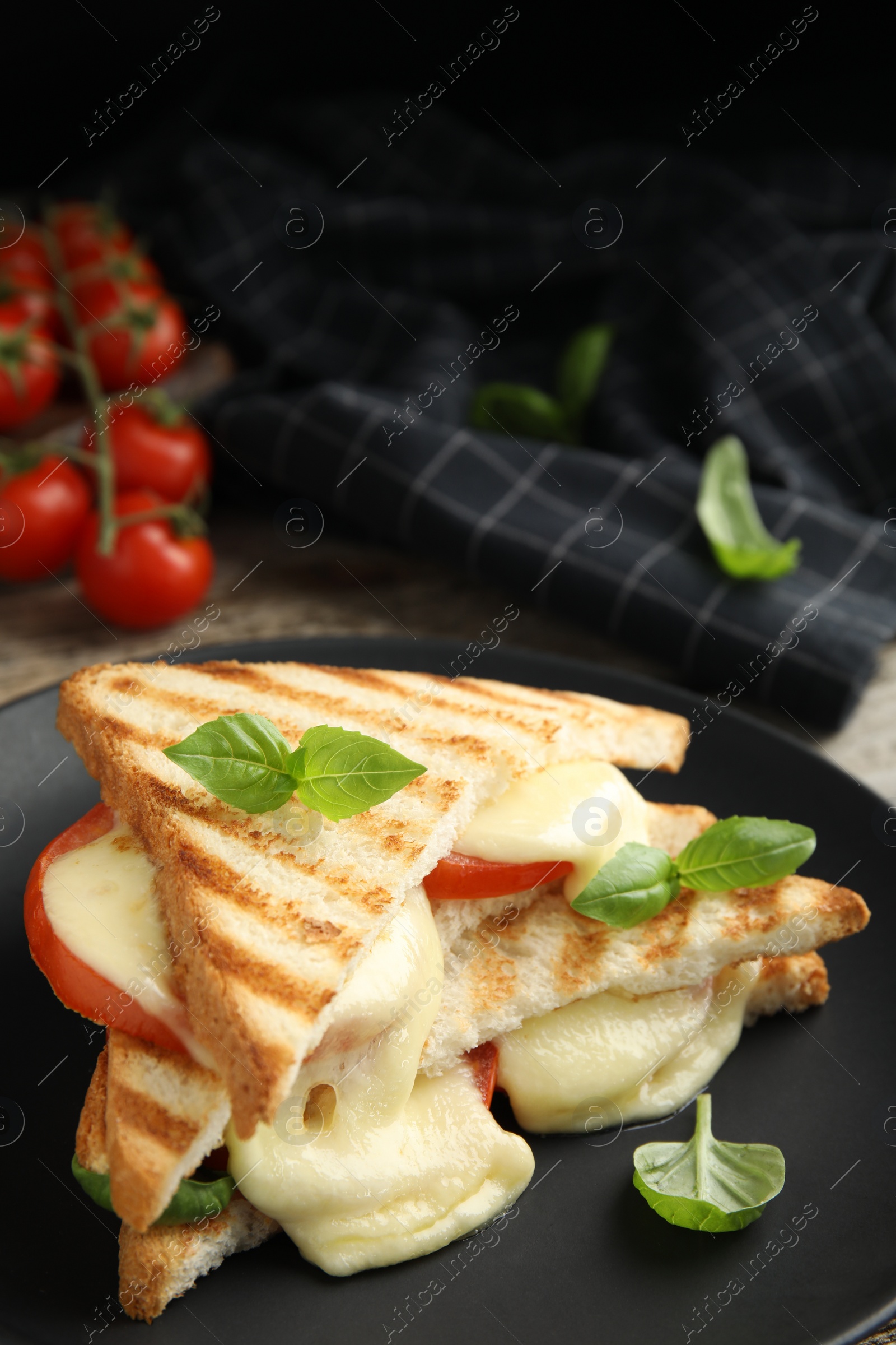 Photo of Delicious grilled sandwiches with mozzarella, tomatoes and basil on black plate, closeup. Space for text