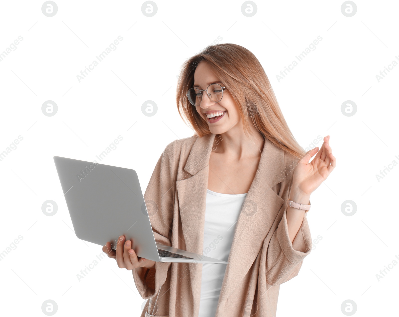 Photo of Portrait of young woman in office wear with laptop on white background