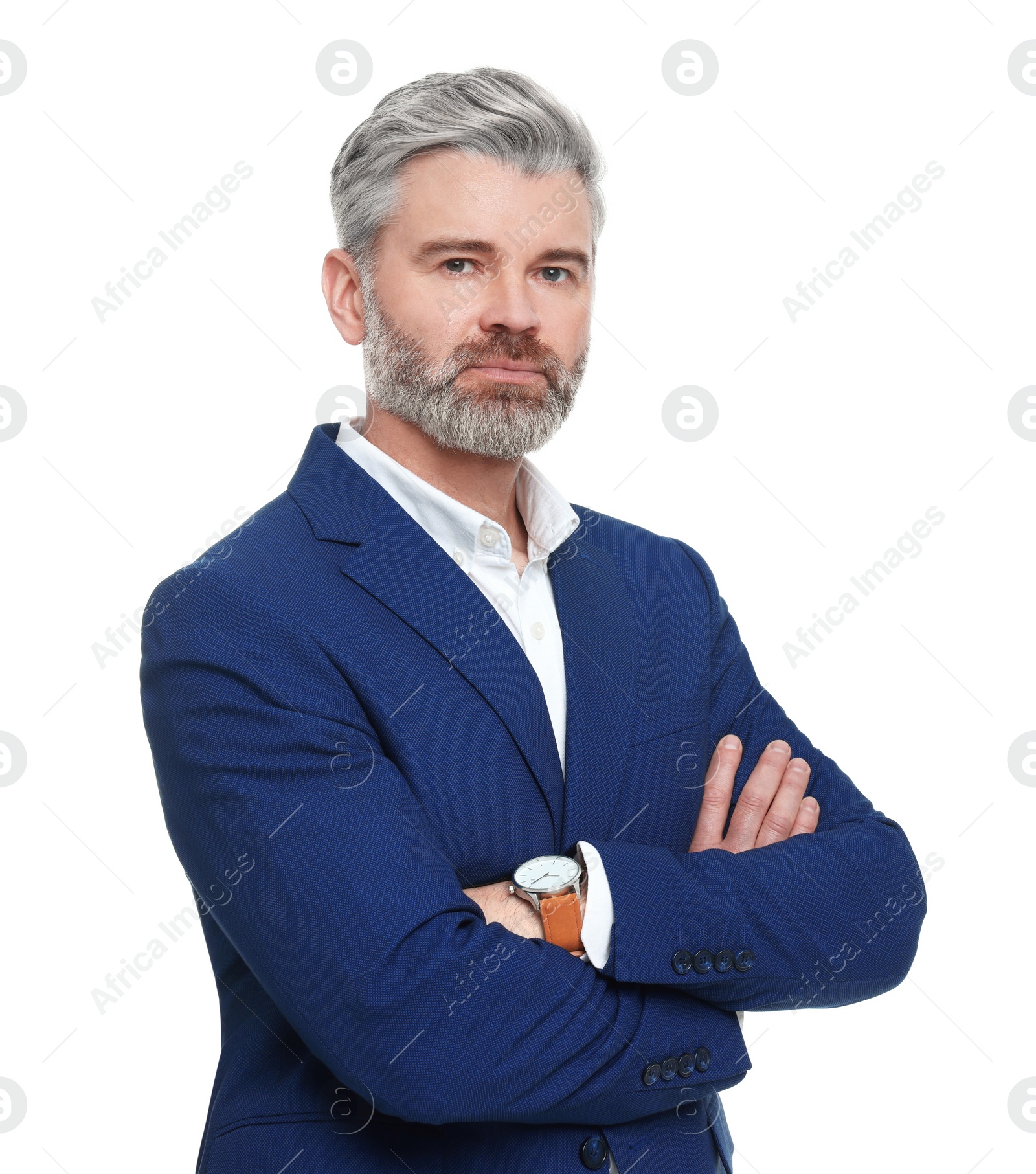 Photo of Mature businessman in stylish clothes posing on white background