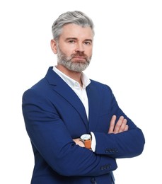 Mature businessman in stylish clothes posing on white background