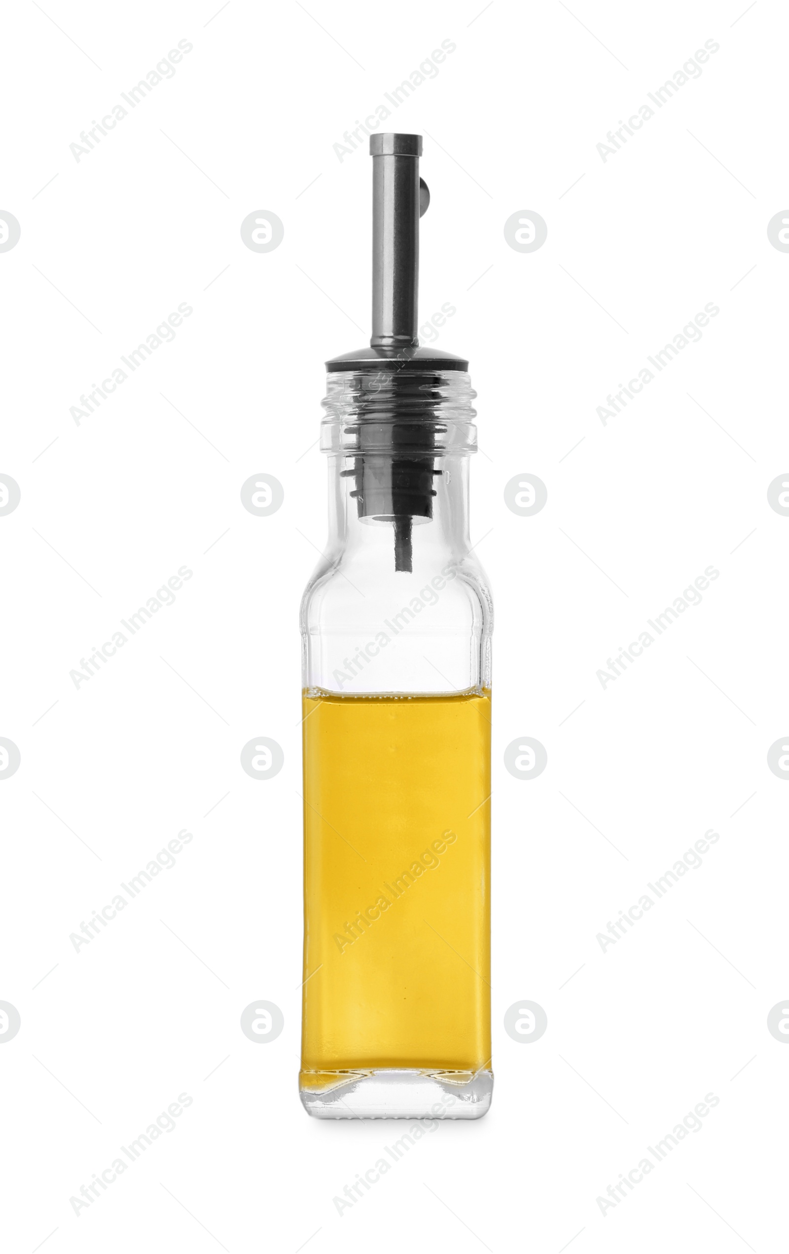 Photo of Glass bottle of cooking oil isolated on white