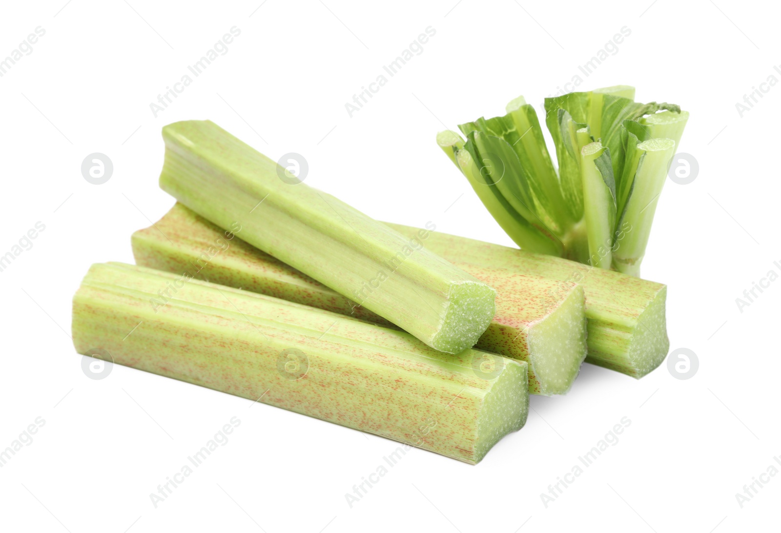 Photo of Cut fresh ripe rhubarb isolated on white