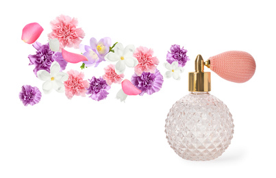 Image of Perfume with floral scent on white background
