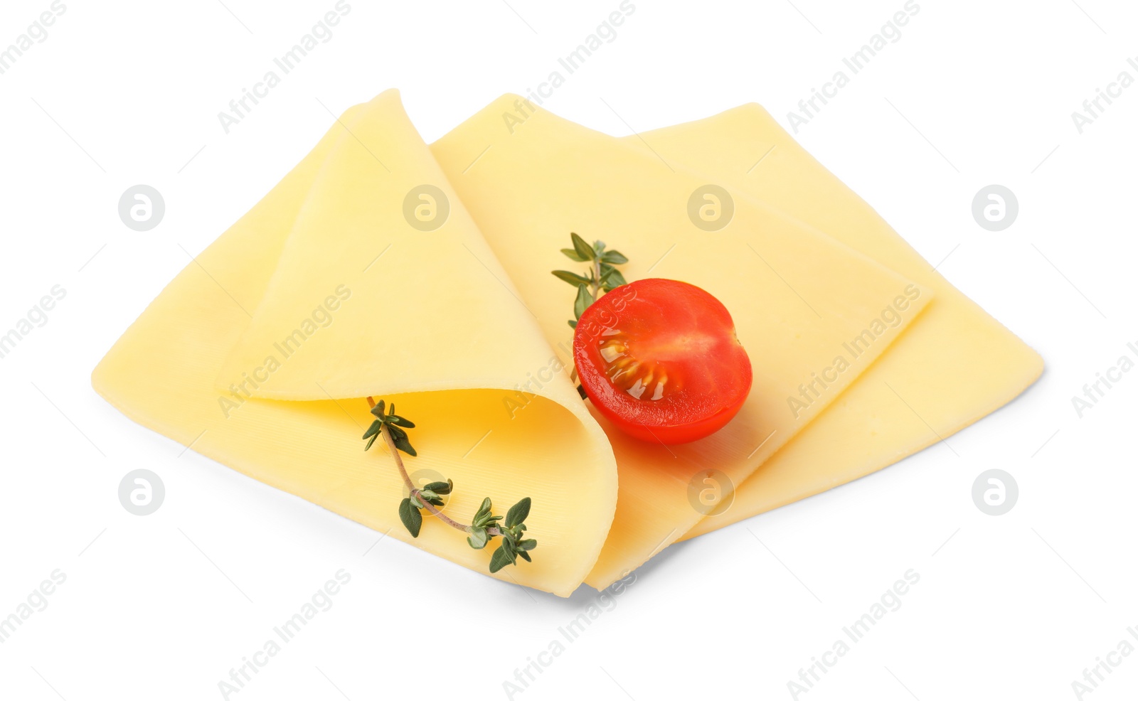 Photo of Slices of tasty fresh cheese, tomato and thyme isolated on white