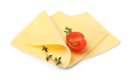Photo of Slices of tasty fresh cheese, tomato and thyme isolated on white