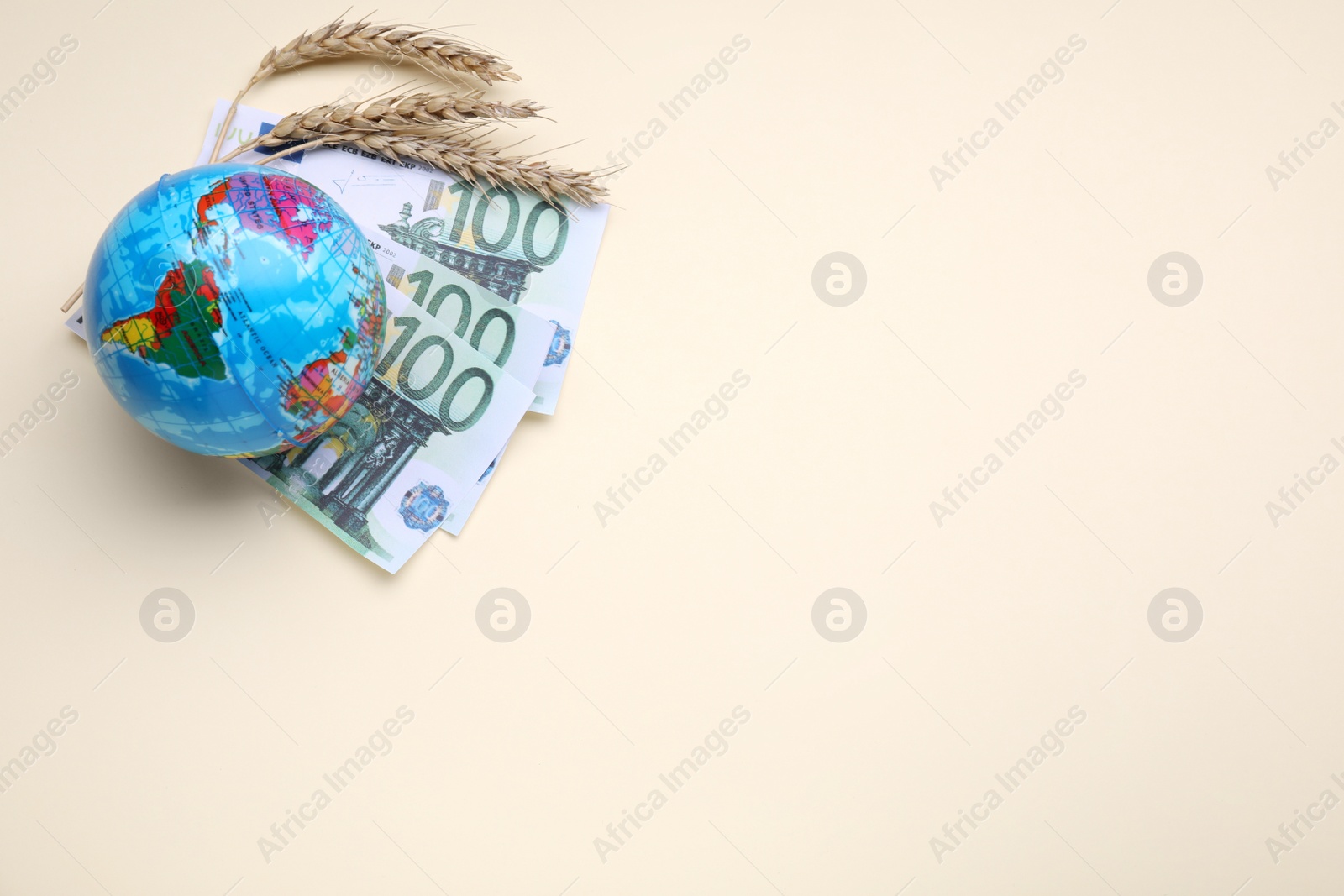 Photo of Import and export concept. Globe, ears of wheat and banknotes on beige background, flat lay. Space for text