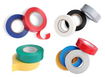 Image of Collage with insulating tapes in different colors on white background