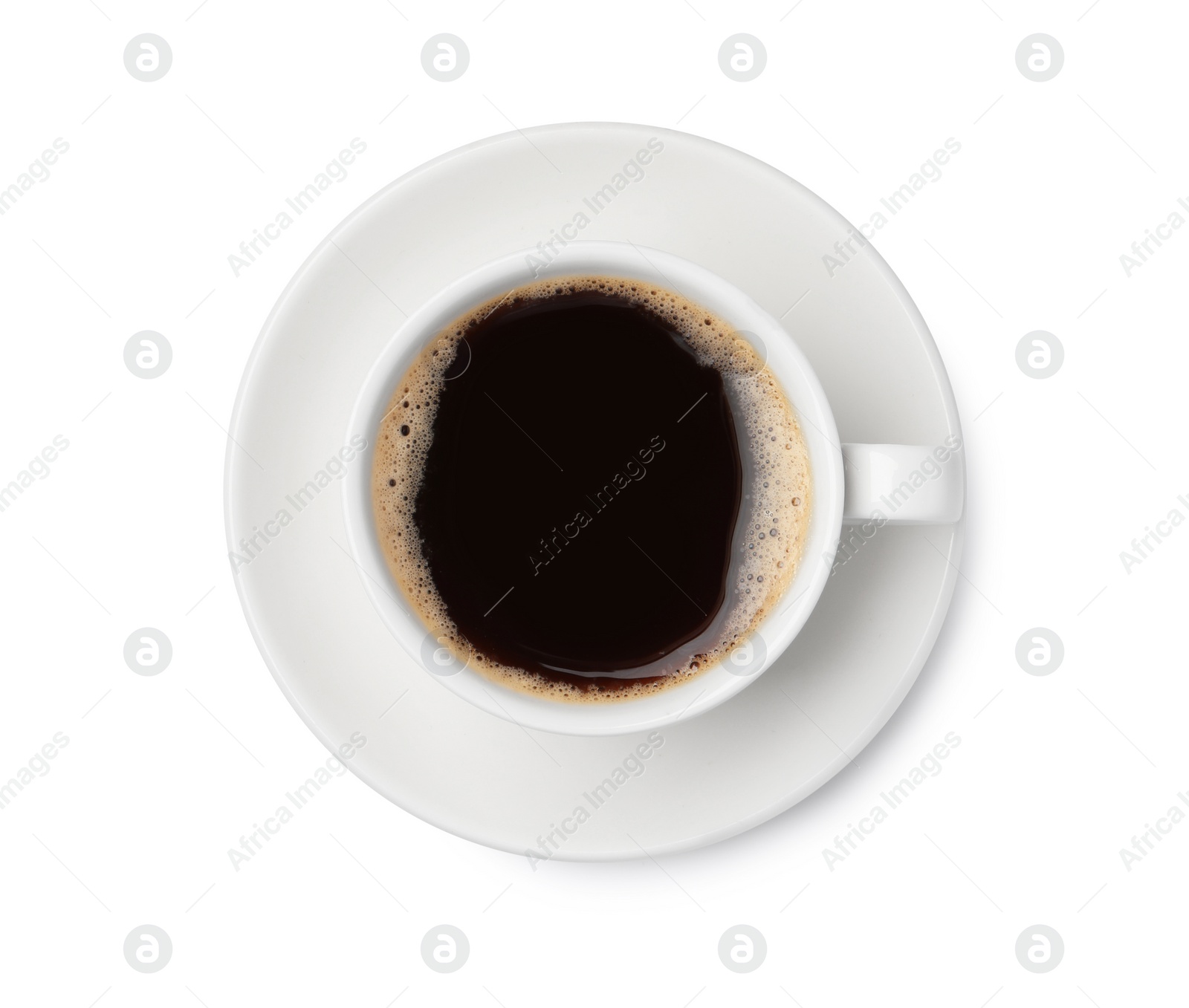 Photo of Tasty coffee in cup isolated on white, top view