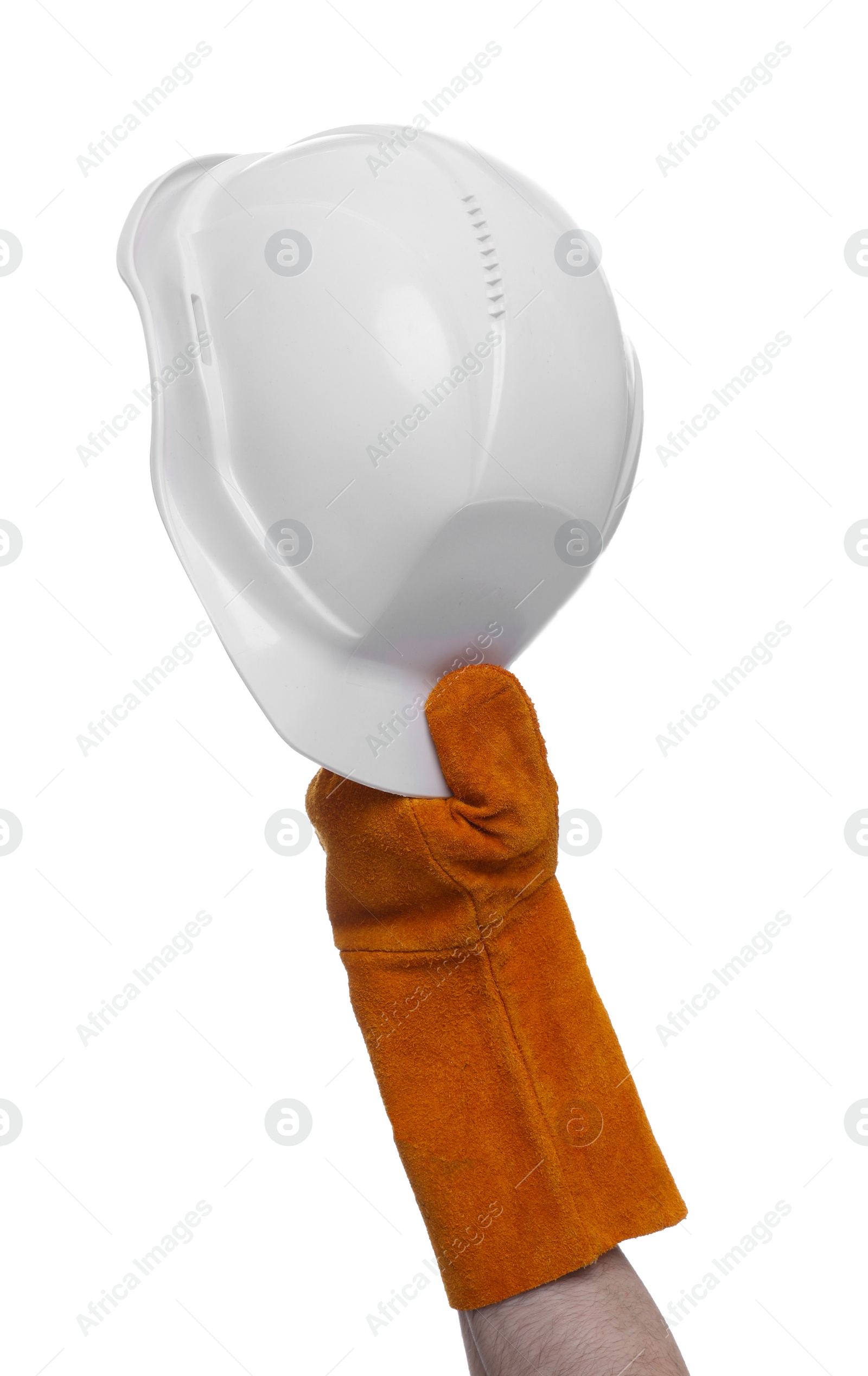 Photo of Young man holding hardhat on white background, closeup. Safety equipment