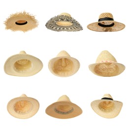 Image of Set with different straw hats on white background. Stylish headdress