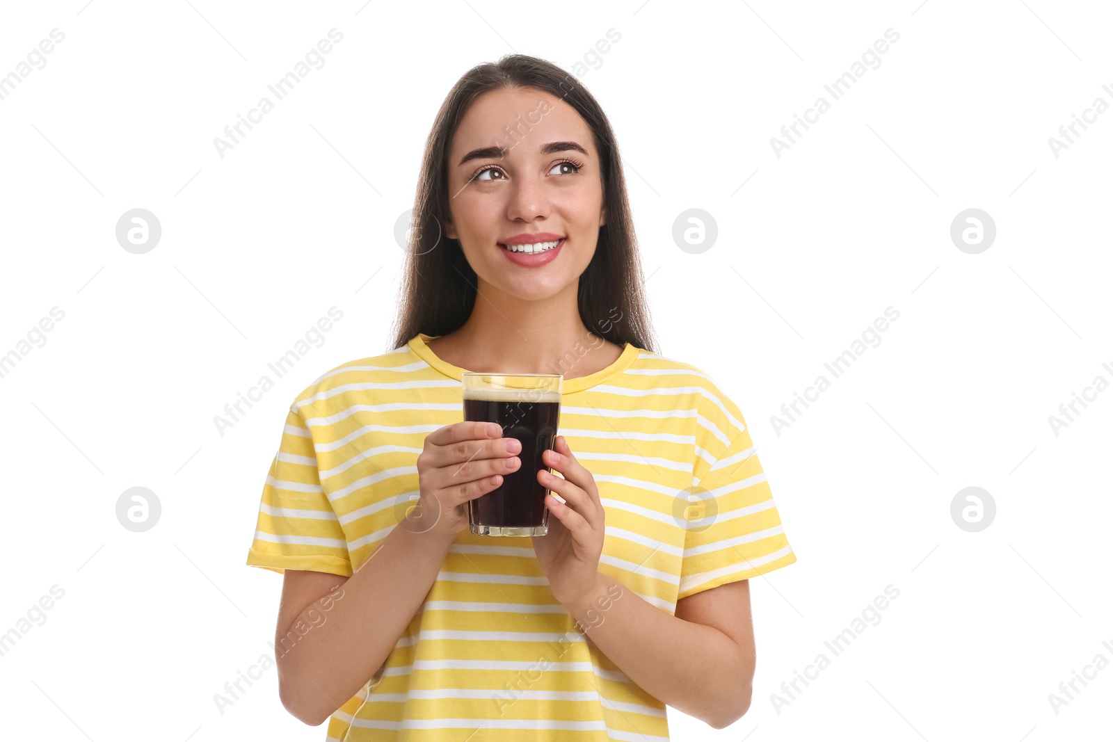 Photo of Beautiful woman with cold kvass on white background. Traditional Russian summer drink