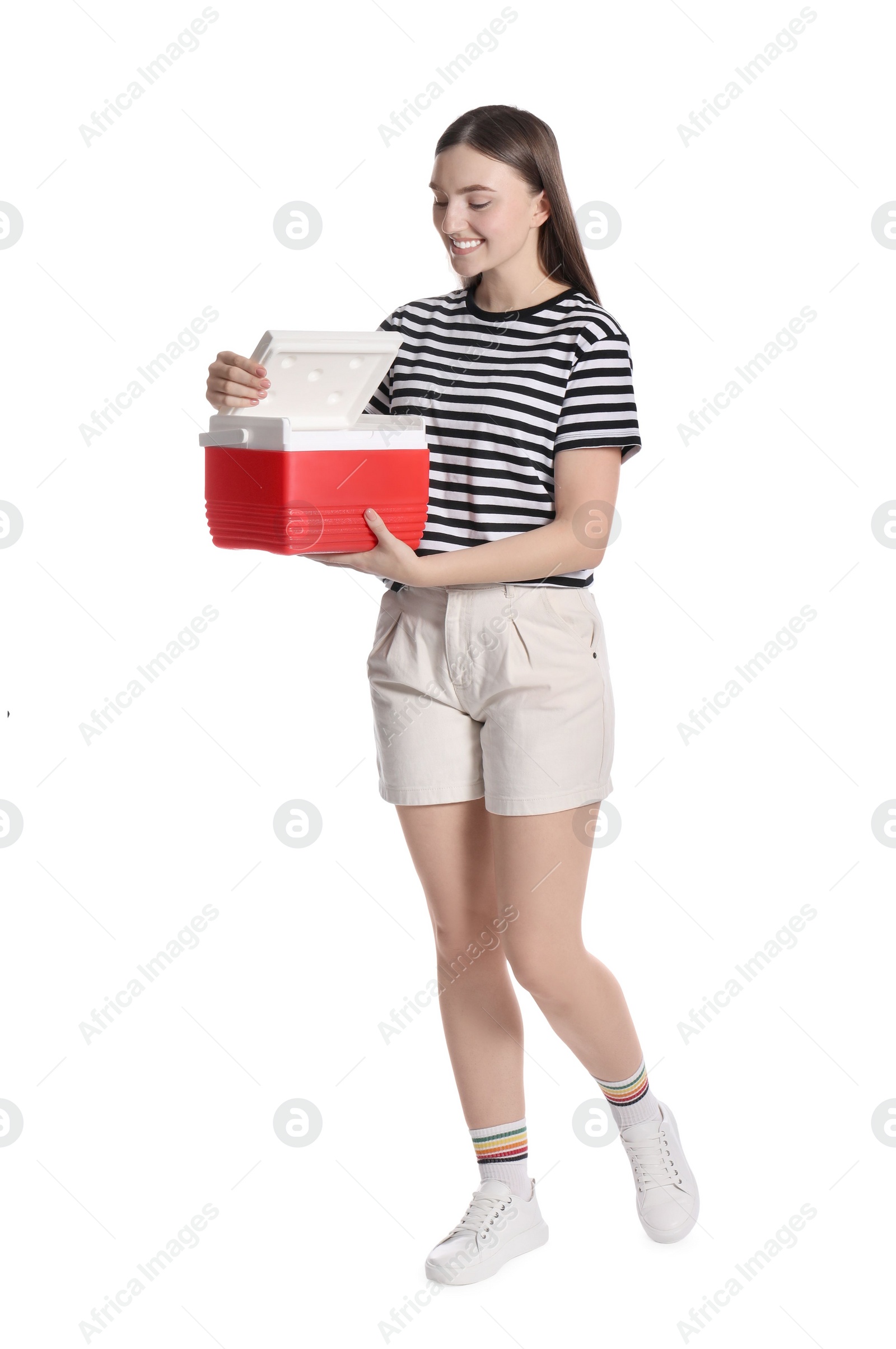 Photo of Happy young woman with plastic cool box isolated on white