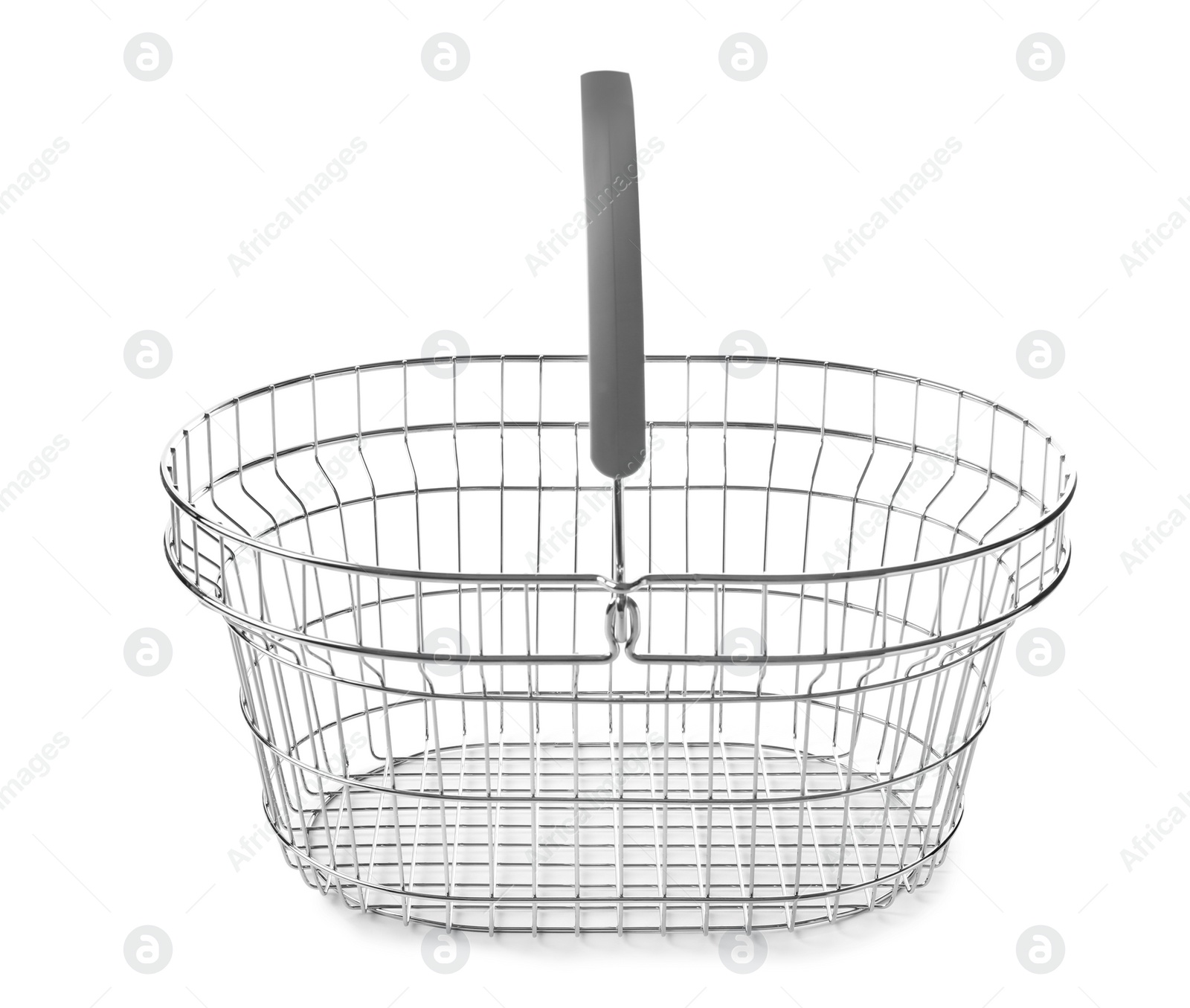 Photo of Empty metal shopping basket on white background