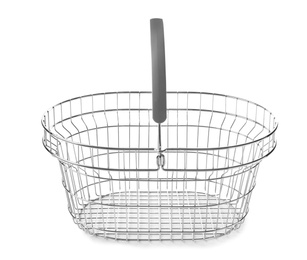 Photo of Empty metal shopping basket on white background