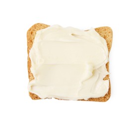 Photo of Slice of dry bread with butter isolated on white, top view