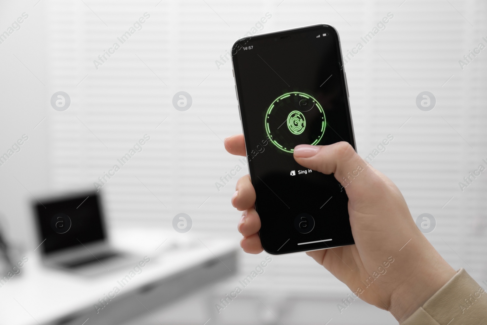 Photo of Woman unlocking smartphone with fingerprint scanner indoors, closeup. Space for text