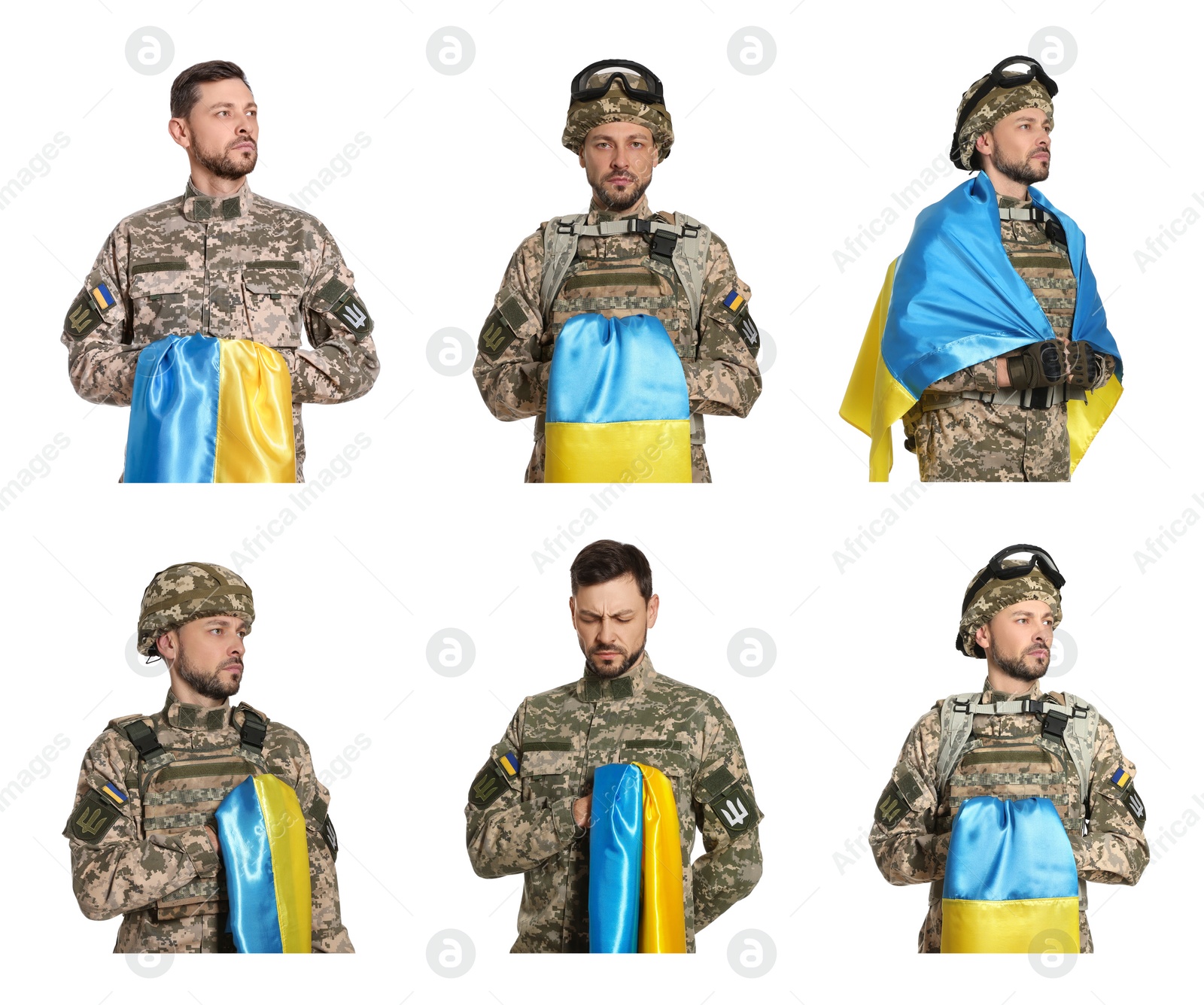 Image of Collage with photos of soldier wearing military uniform with Ukrainian flag on white background