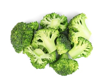 Photo of Fresh green broccoli on white background, top view. Organic food