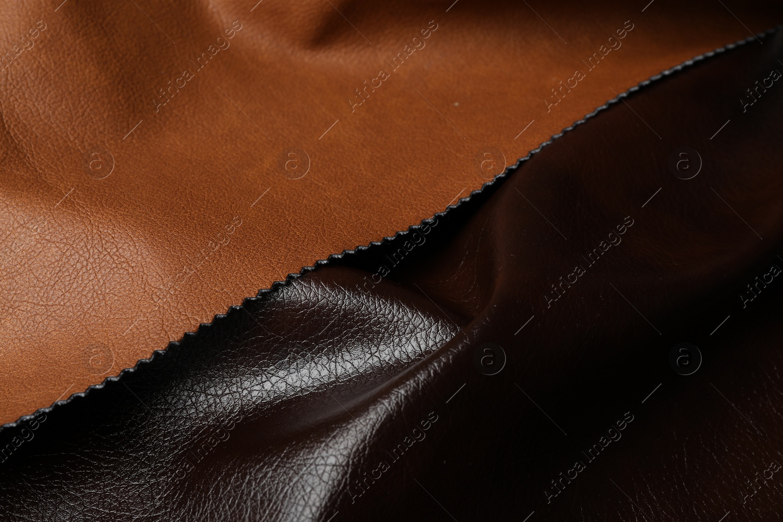 Photo of Different leather samples as background, closeup view