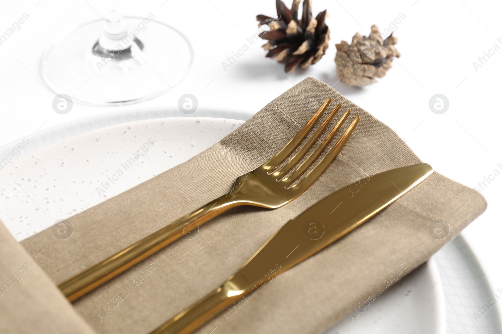 Photo of Elegant table setting on white background, closeup