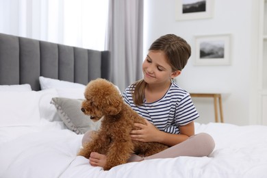 Little child with cute puppy on bed at home. Lovely pet