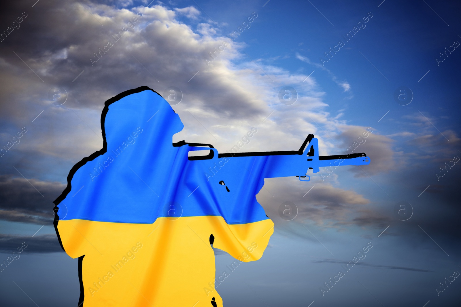 Image of Silhouette of soldier in color of Ukrainian flag with assault rifle against cloudy sky