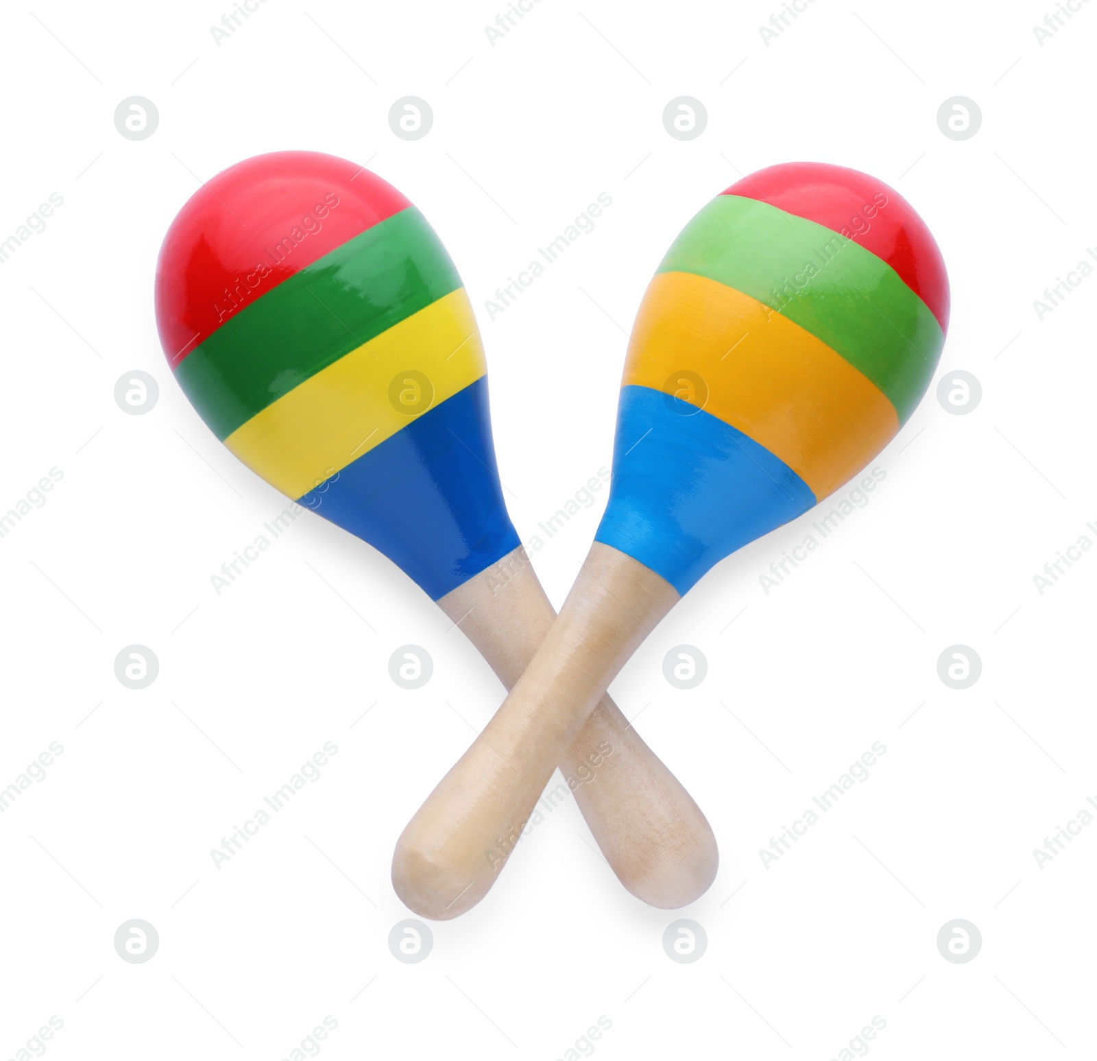 Photo of Colorful maracas on white background, top view. Musical instrument