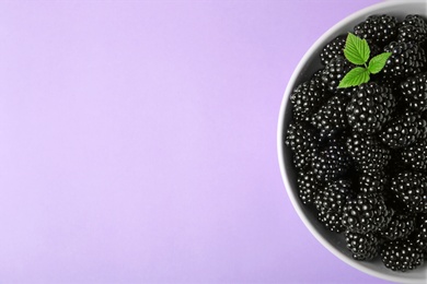 Bowl of tasty ripe blackberries and leaves on purple background, top view with space for text