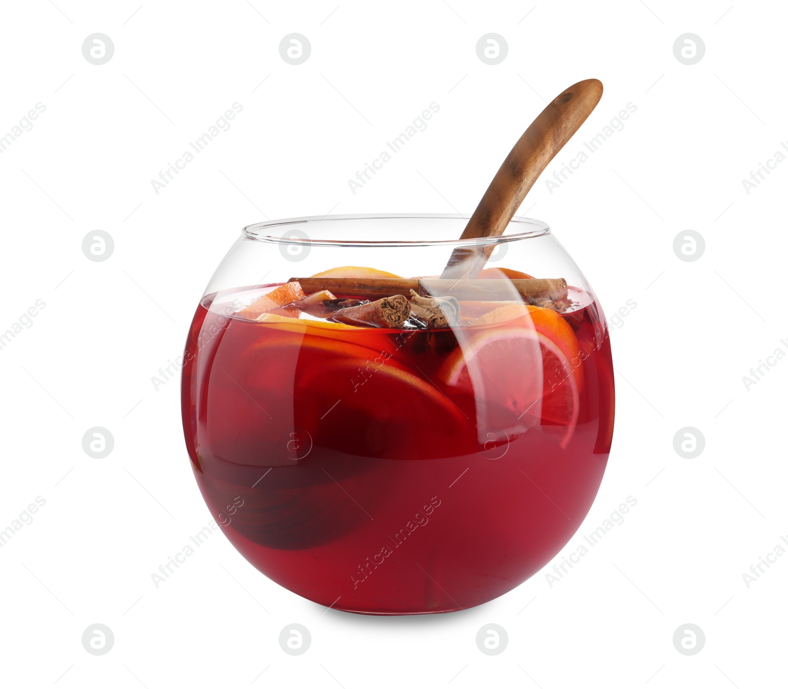 Photo of Glass bowl of delicious aromatic punch drink and wooden ladle isolated on white