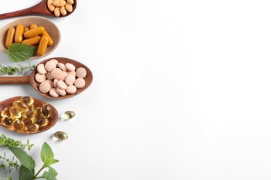 Photo of Different pills and herbs on white background, flat lay with space for text. Dietary supplements