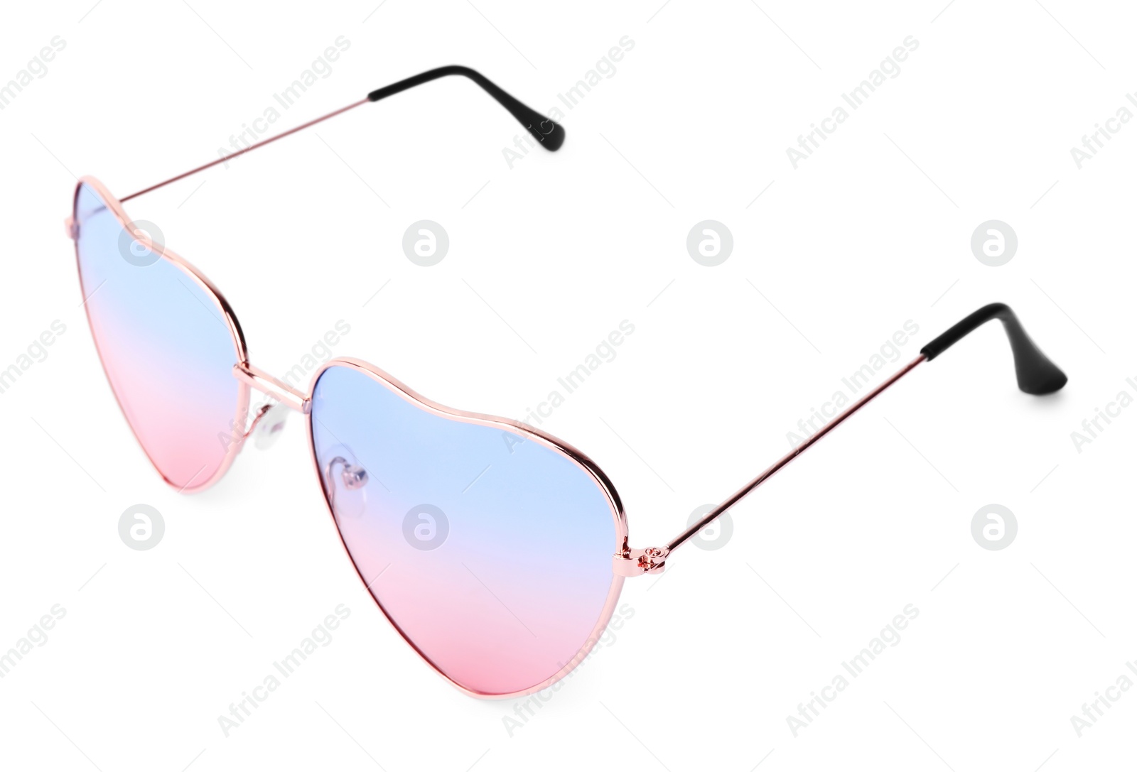 Photo of Stylish heart shaped sunglasses isolated on white. Fashion accessory