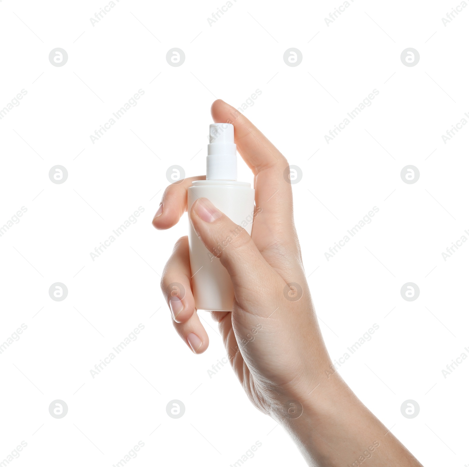 Photo of Woman holding oral spray on color background. Mouth and teeth care