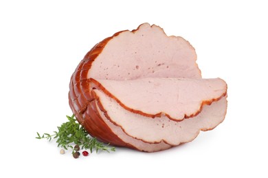 Photo of Delicious sliced ham with thyme and peppercorns isolated on white