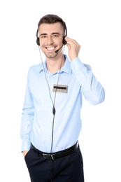 Photo of Male receptionist with headset on white background