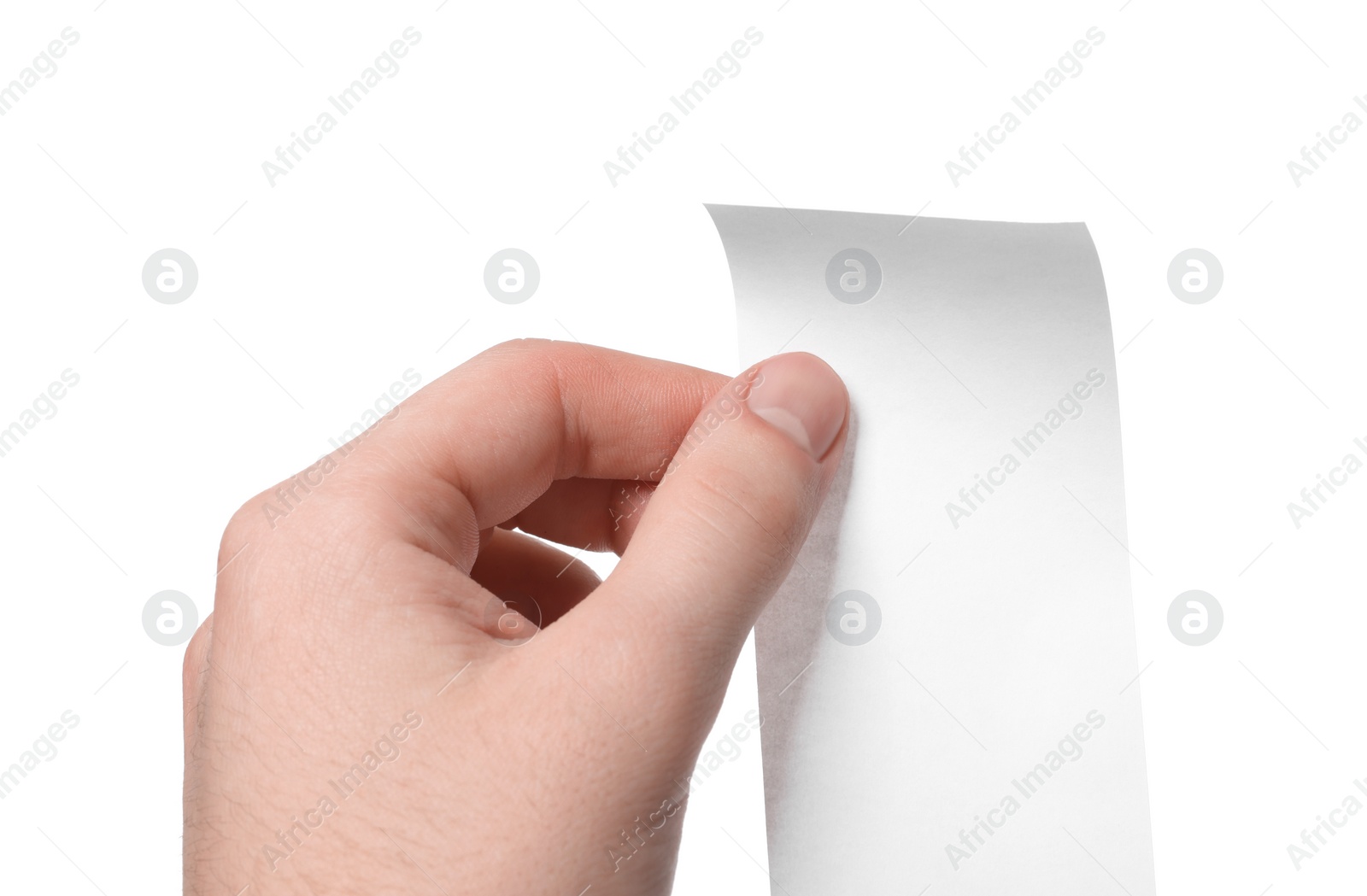 Photo of Man holding piece of blank thermal paper for receipt on white background, closeup