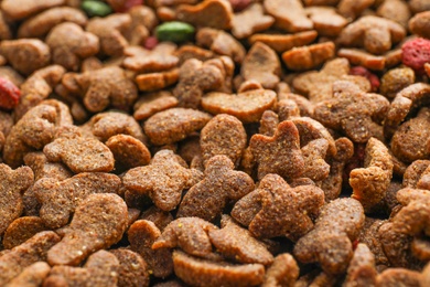 Photo of Dry pet food as background, closeup view