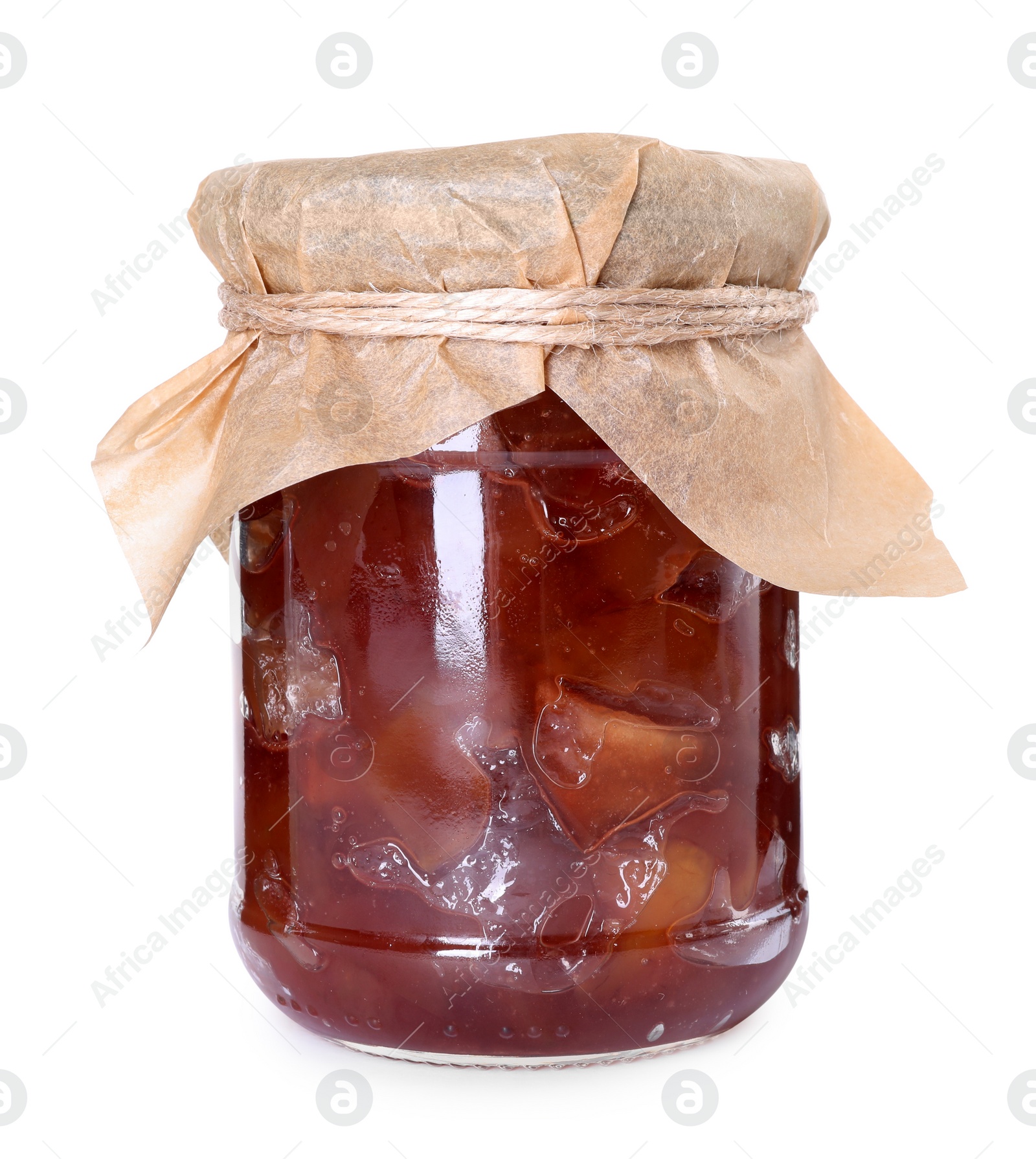 Photo of Glass jar of delicious apple jam isolated on white