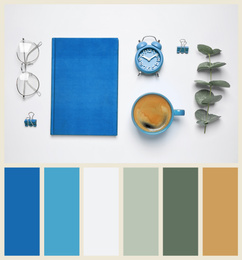 Image of Flat lay composition inspired by color of the year 2020  (Classic blue) on white background