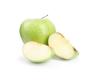 Fresh ripe green apples on white background