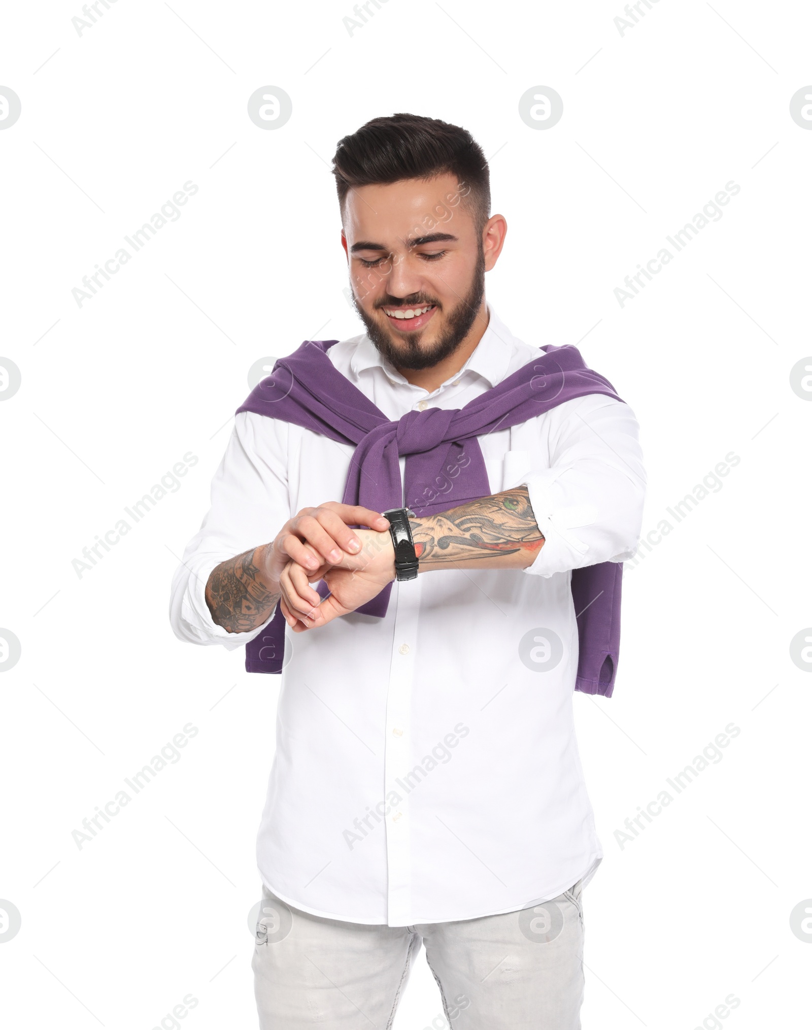 Photo of Portrait of handsome young man with watch on white background