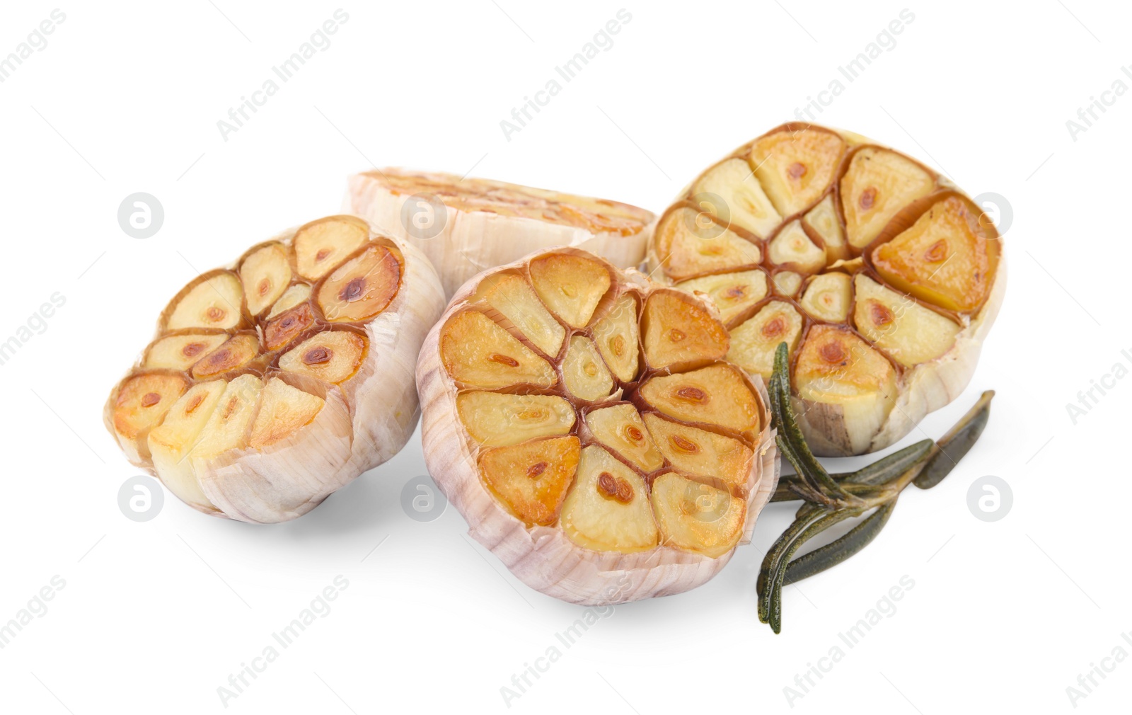 Photo of Heads of fried garlic and rosemary isolated on white