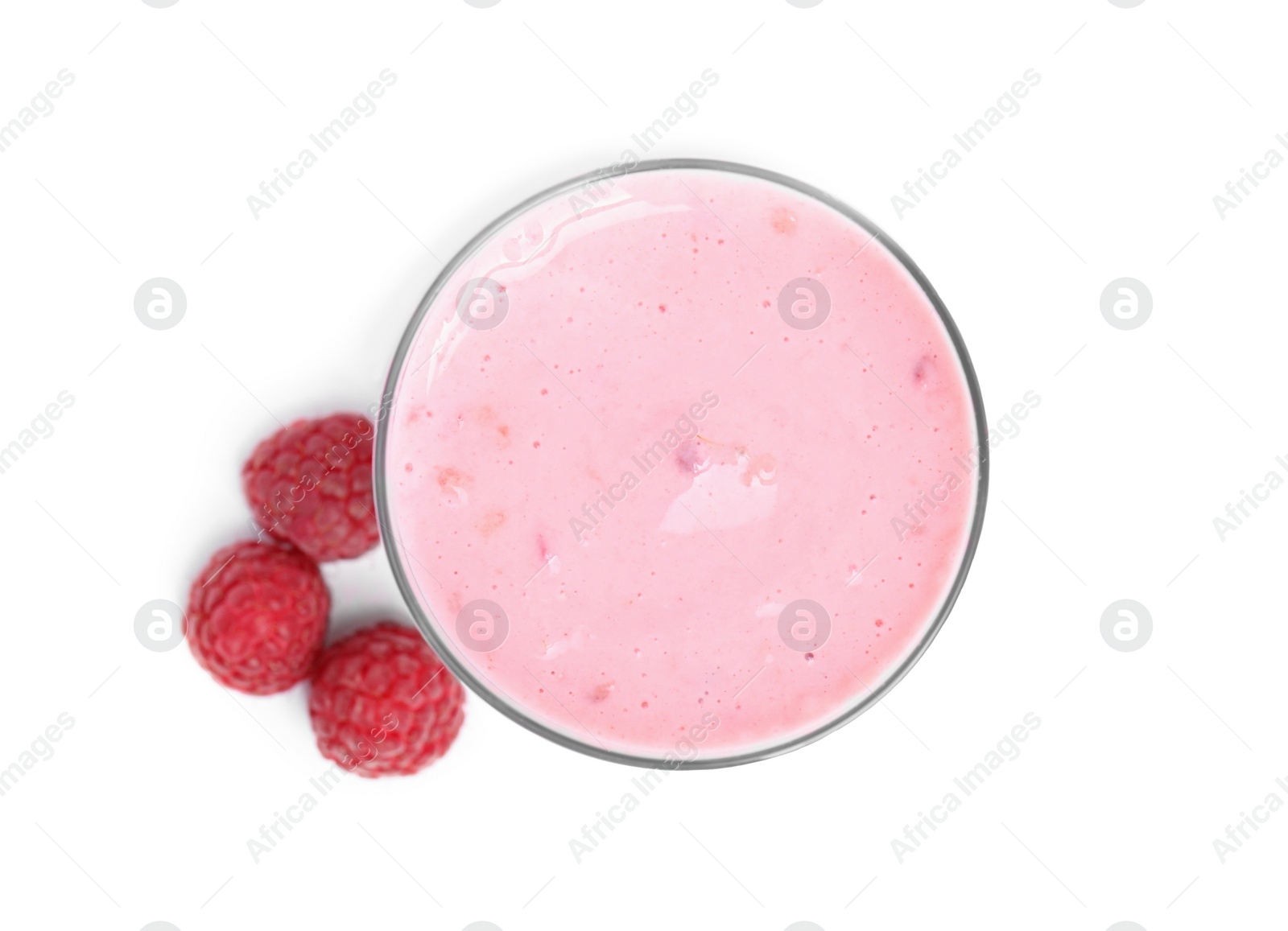 Photo of Tasty raspberry smoothie in glass isolated on white, top view