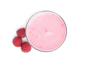 Photo of Tasty raspberry smoothie in glass isolated on white, top view