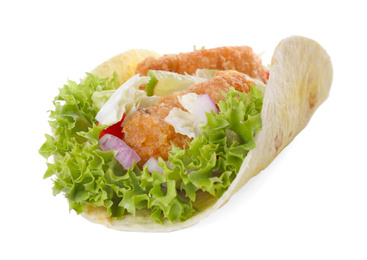 Photo of Delicious fish taco with lettuce isolated on white