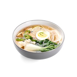 Photo of Bowl of vegetarian ramen isolated on white