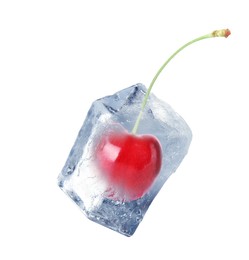 Image of Delicious cherry frozen in ice isolated on white 