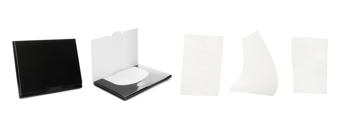 Image of Set with facial oil blotting tissues on white background, banner design. Mattifying wipes