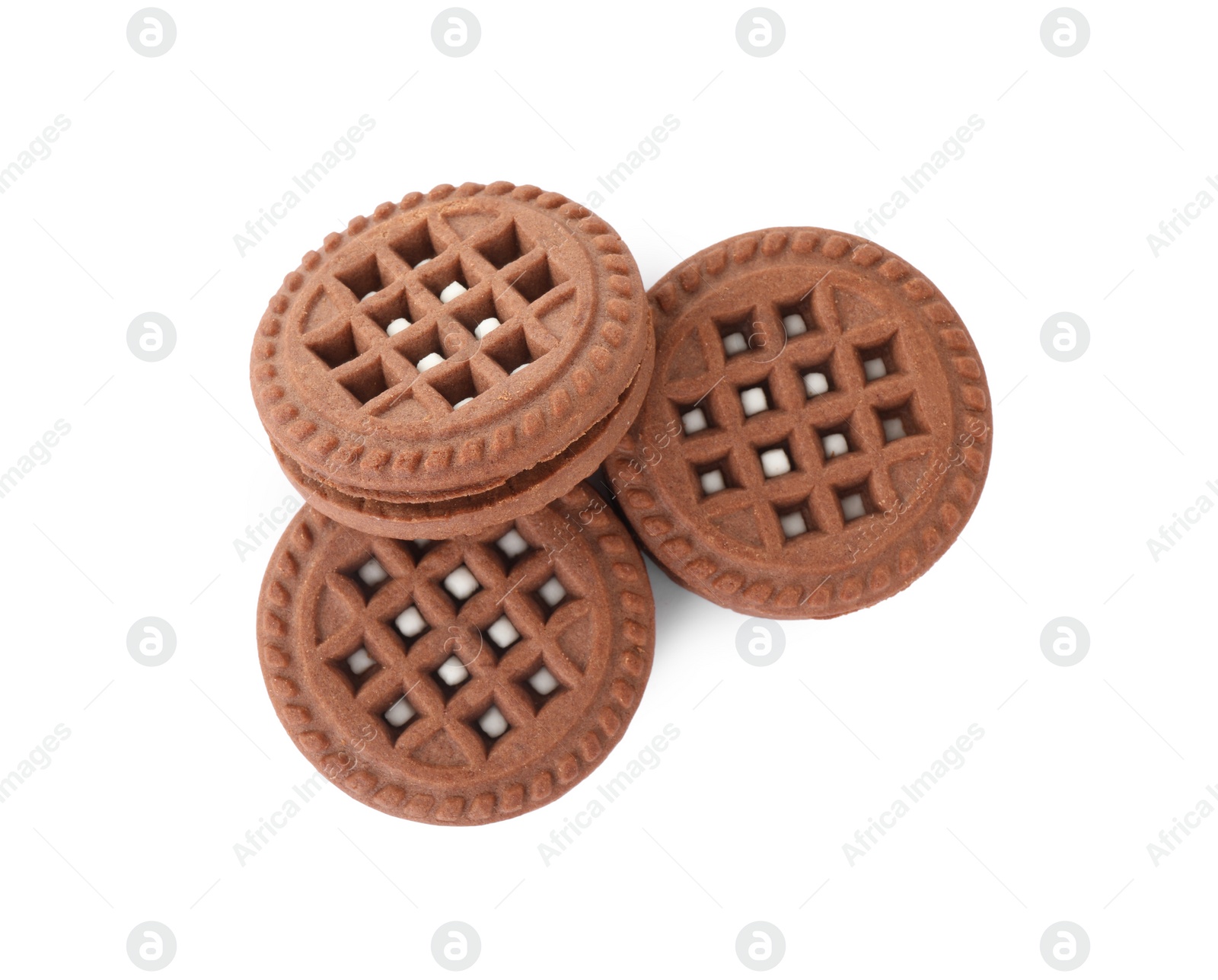 Photo of Tasty chocolate sandwich cookies with cream isolated on white, top view