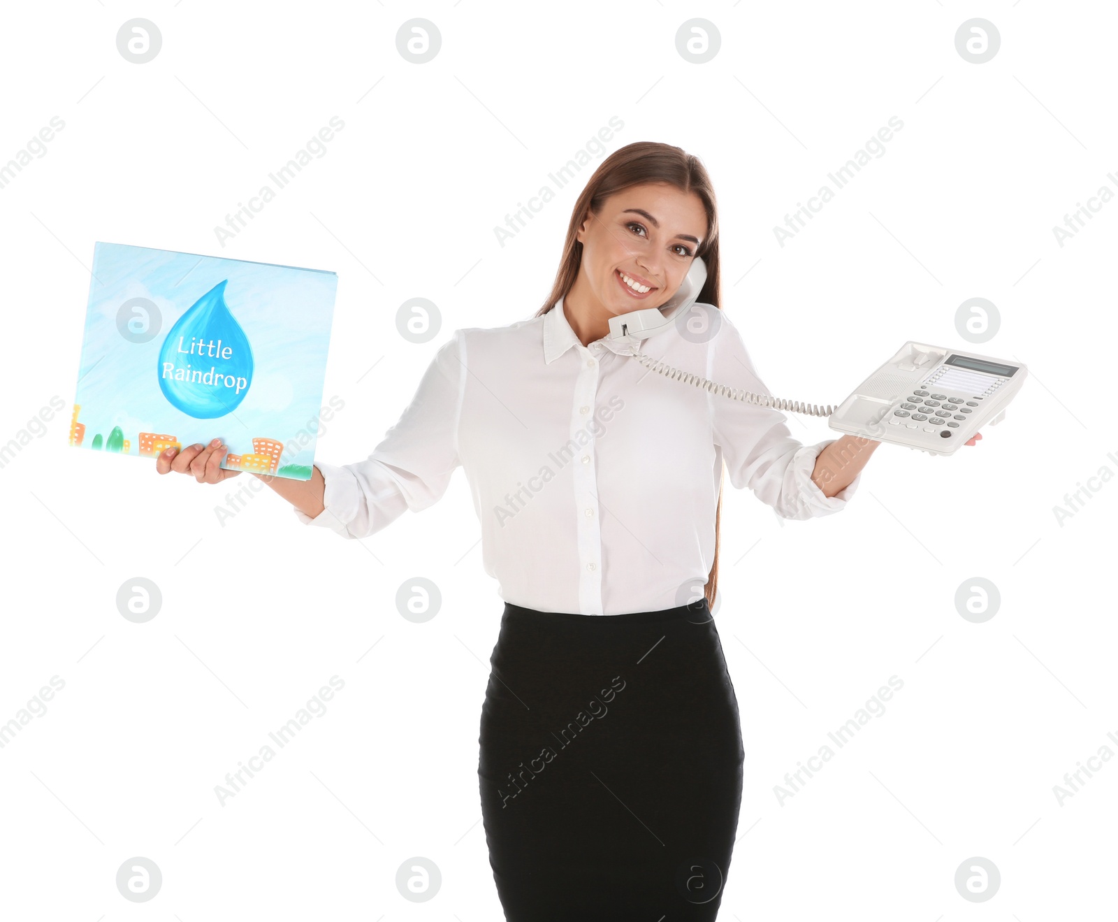 Photo of Portrait of businesswoman holding book for kids and talking on phone against white background. Combining life and work