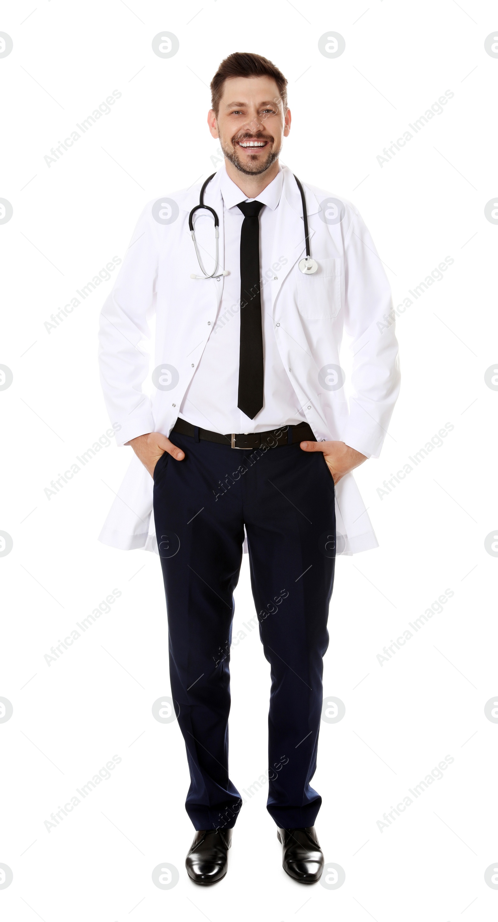 Photo of Full length portrait of smiling male doctor isolated on white. Medical staff